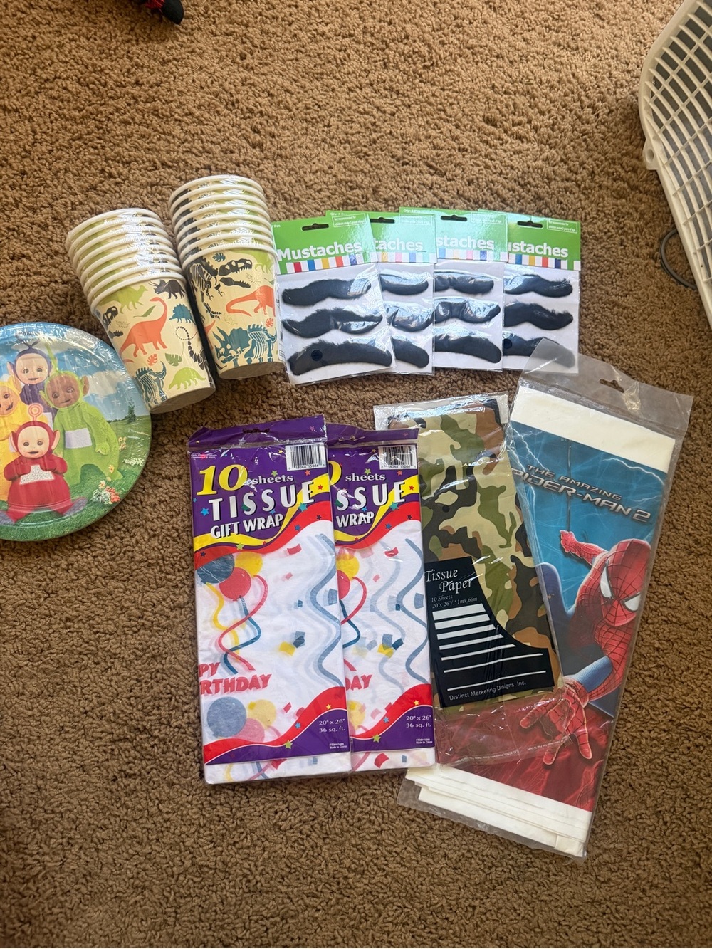 Party Supplies Bundle - Assorted Colors (Mustaches, Dino Cups, Tissue Papers)